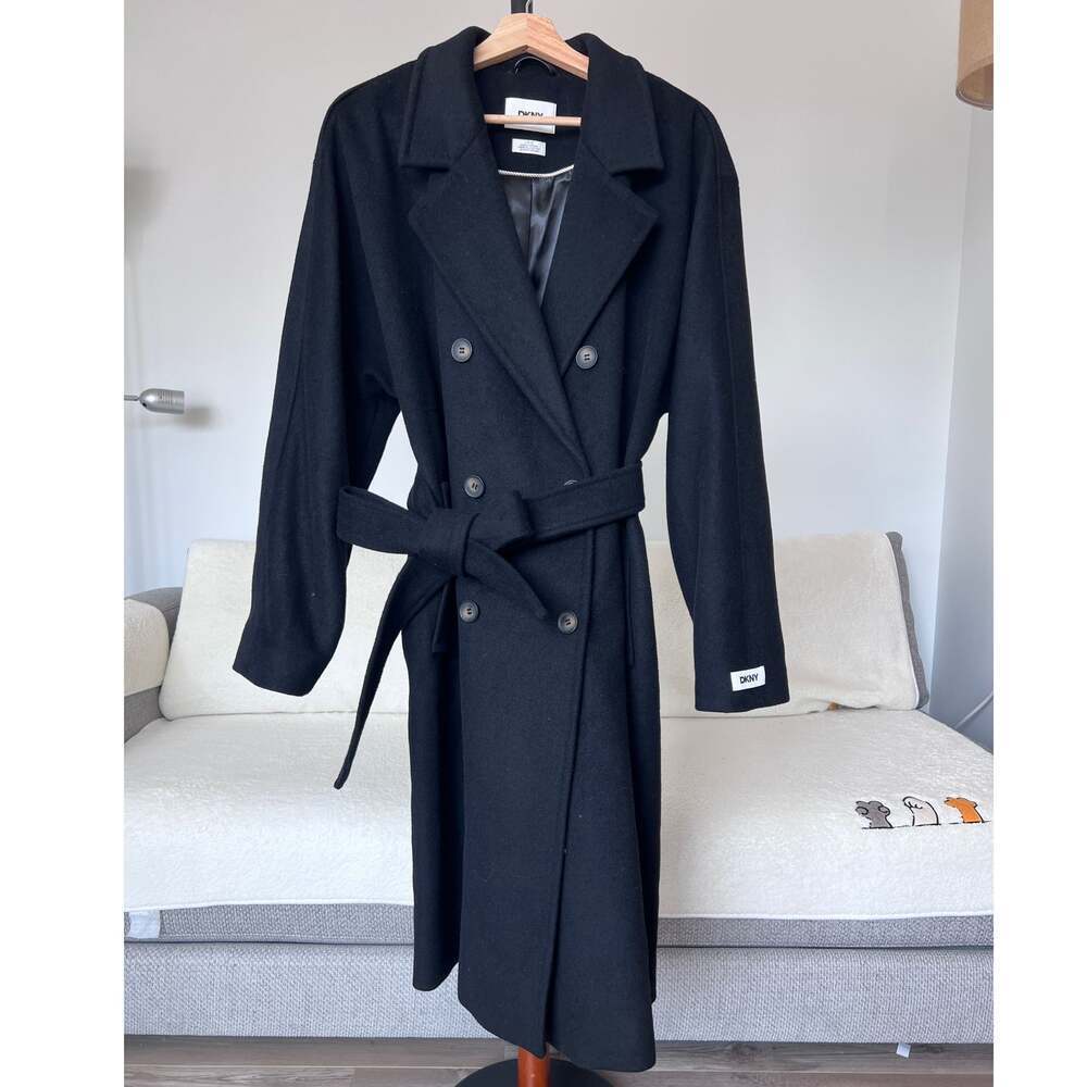 Nwot Dkny Double-Breasted Wool Blend Black Wrap Madame Coat Size L